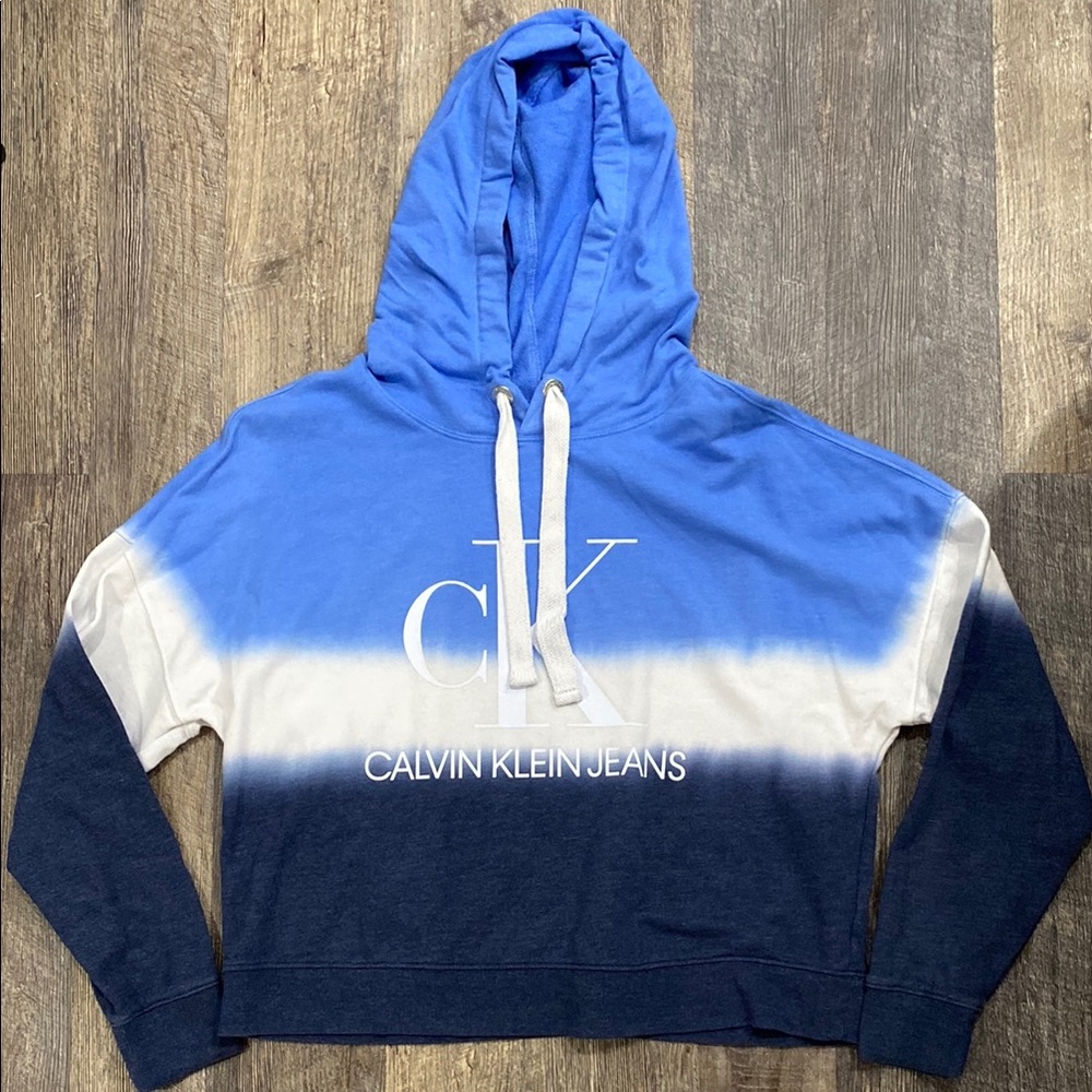 Calvin Klein Blue and White Ombre Cropped Hoodie